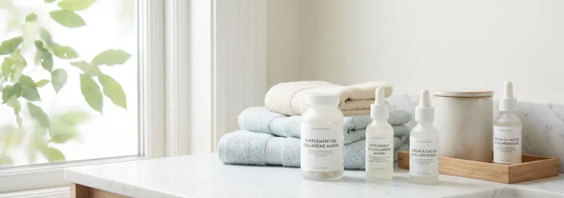 Comptoir de salle de bain moderne avec flacons de compléments alimentaires collagène marin et sérum d'acide hyaluronique disposés sur surface en marbre blanc