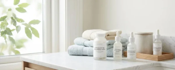 Comptoir de salle de bain moderne avec flacons de compléments alimentaires collagène marin et sérum d'acide hyaluronique disposés sur surface en marbre blanc