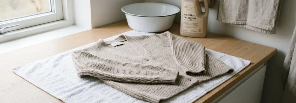 Gilet en maille beige étendu à plat sur une serviette blanche avec bassine et lessive pour laine en arrière-plan dans une buanderie lumineuse