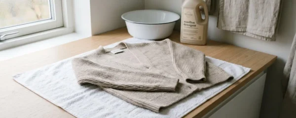 Gilet en maille beige étendu à plat sur une serviette blanche avec bassine et lessive pour laine en arrière-plan dans une buanderie lumineuse