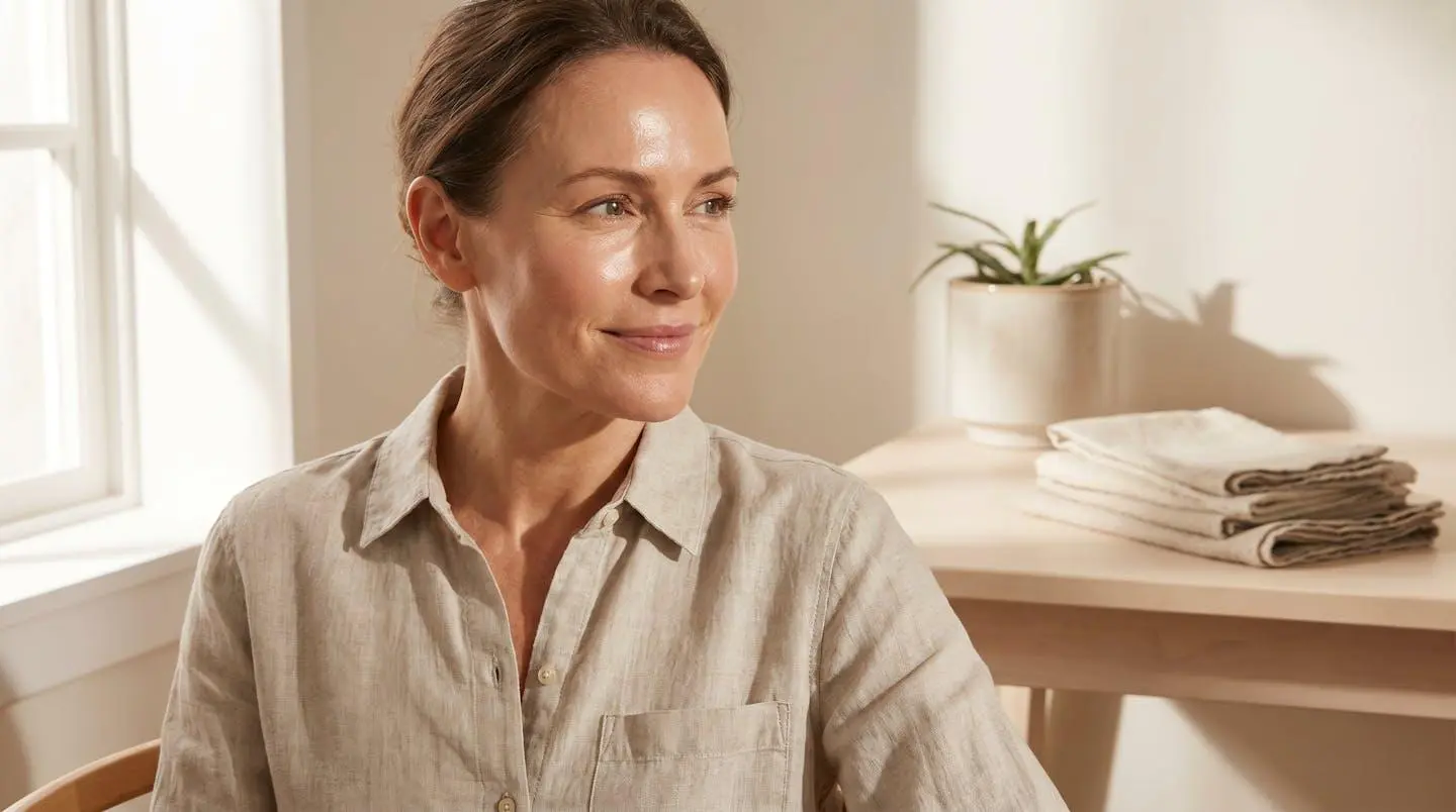 Portrait naturel montrant une peau d'apparence hydratée et lumineuse avec un éclairage doux