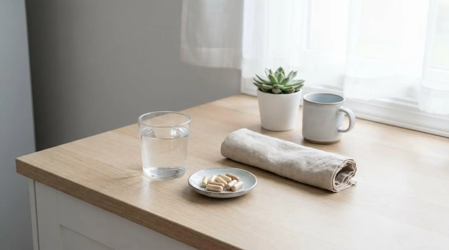 Scène de routine matinale avec verre d'eau et gélules de compléments alimentaires sur surface claire